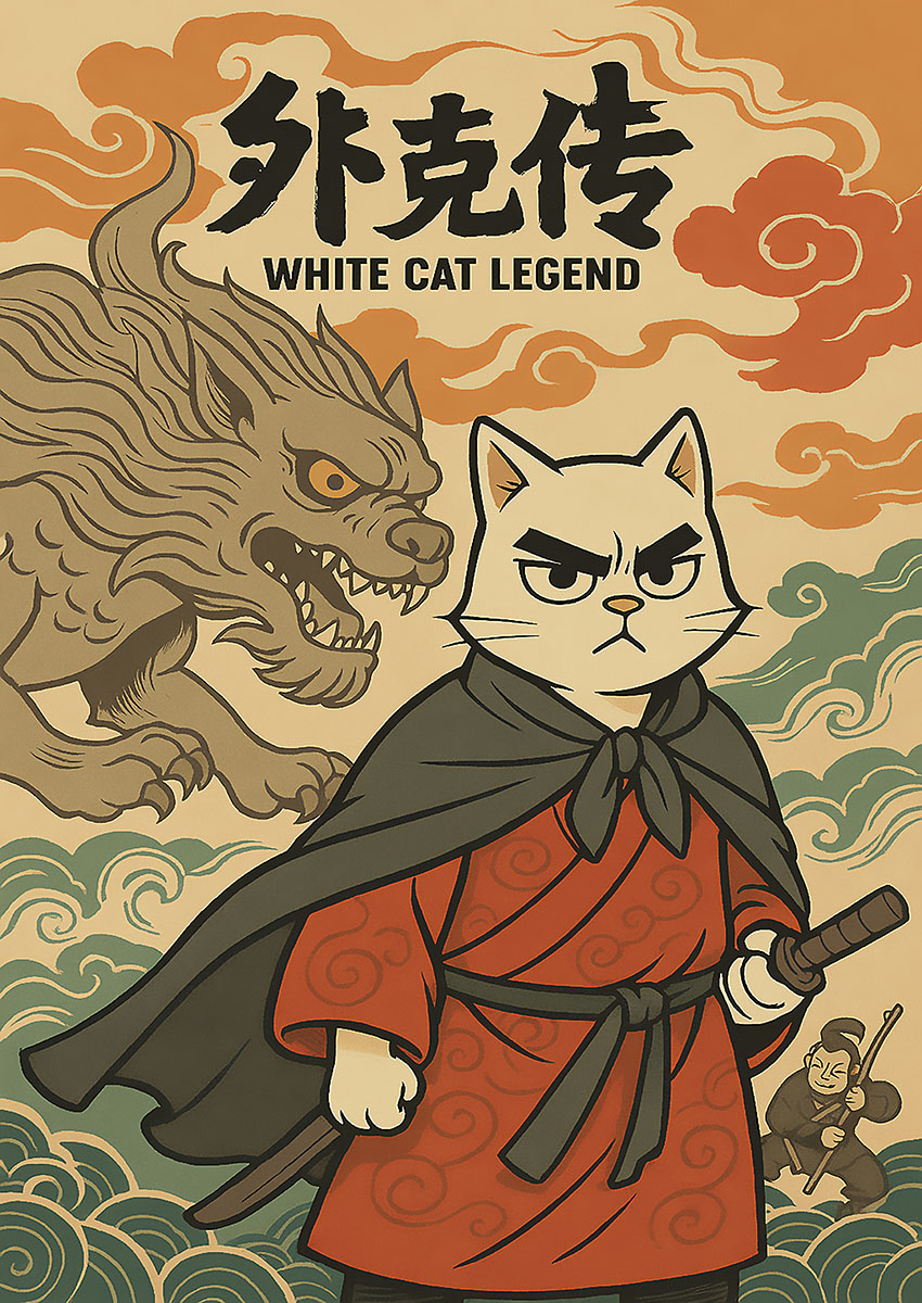 Artwork of White Cat Legend featuring a fierce cat with a sword and a mythical creature in the background.
